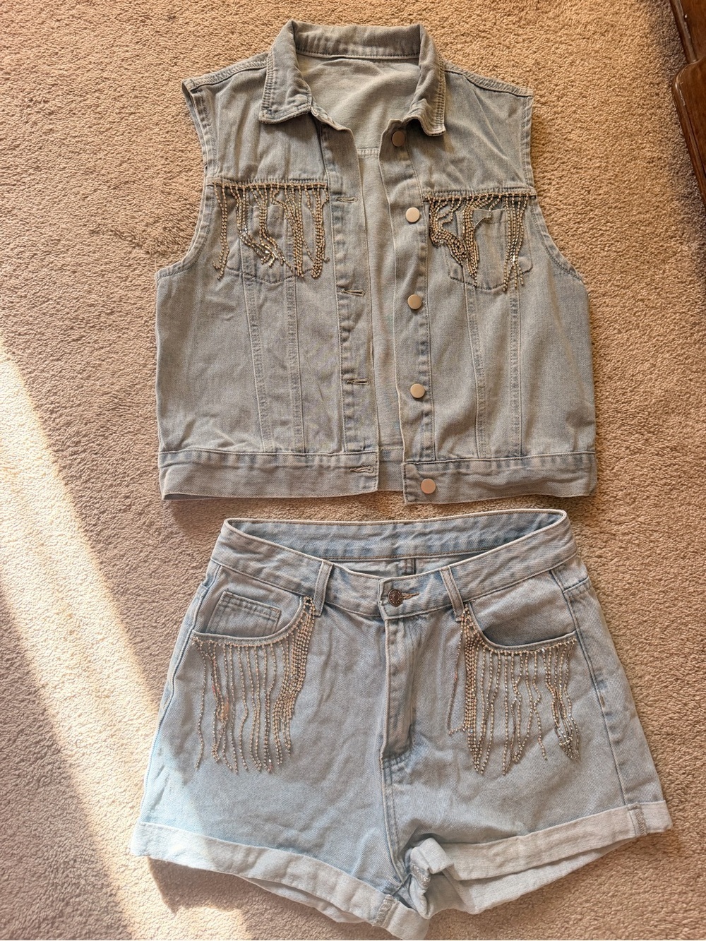 Light Wash Denim Vest and Shorts Set with Fringe rhinestone Detail